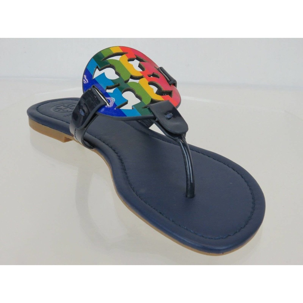 TORY BURCH MILLER ROYAL NAVY RAINBOW REVA LEATHER FLATS THONG SLIDES SANDALS 7 - Picture 11 of 12